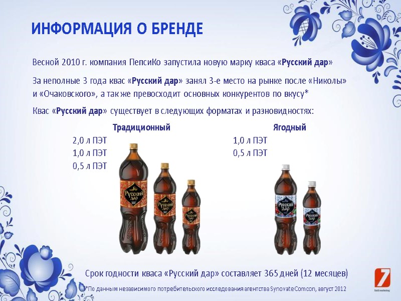 ИНФОРМАЦИЯ О БРЕНДЕ  Весной 2010 г. компания ПепсиКо запустила новую марку кваса «Русский